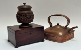 A teak tobacco jar decorated with floral sprigs to body (h- 19cm), a Victorian mahogany jewelry