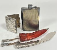 An Epns curved hip flask with engine turned decoration and screw down top, ( h x 14cm x l 9cm), a