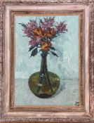 Jaun Mille?, Flowers in green glass bottle vase, oil on panel, signed indistinctly bottom right,