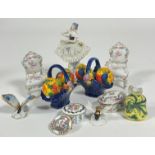 A collection of ceramics including a pair of rococo style floral decorated chairs, (h 9cm)