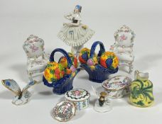 A collection of ceramics including a pair of rococo style floral decorated chairs, (h 9cm)