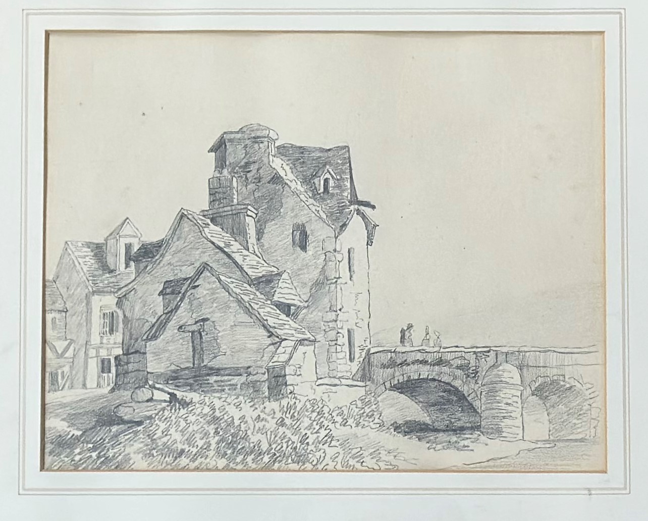 A continental school figures on a bridge, a pencil sketch, unsigned. (in a silver gilt mounted