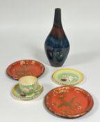 A mixed group comprising a Burleigh Pottery "Pussy" cat teacup, saucer and plate set, a bud vase