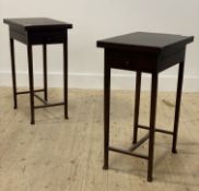A pair of Georgian style mahogany side tables, with hinged top opening to storage well, above a