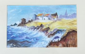 D.Watson, a coastal scene with town, oil on canvas board (signed bottom right 04), in pine glazed