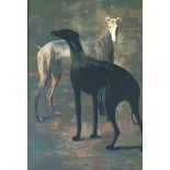 A print of two Greyhounds in a Japaned styled glazed frame (unsigned) (66cmx46cm)