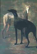 A print of two Greyhounds in a Japaned styled glazed frame (unsigned) (66cmx46cm)