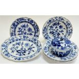 A mixed group of Meissen and Meissen style blue and white porcelain comprising four blue onion