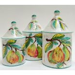 Three Italian hand-painted earthenware ceramic storage jars decorated with fruits, (marked verso '