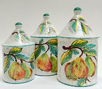 Three Italian hand-painted earthenware ceramic storage jars decorated with fruits, (marked verso '