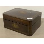 A Victorian brass inlaid rosewood jewellery box with marbled paper lined interior H14cm