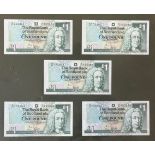 A framed set of five Royal Bank of Scotland £1 notes issued 24th July 1991 (uncirculated)