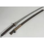 A Japanese samurai sword, bound sword handle with brass tsuba and fitting, sword knot, plain steel