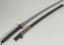 A Japanese samurai sword, bound sword handle with brass tsuba and fitting, sword knot, plain steel