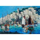 C.Vlamlington? Cannes harbour scene with town, oil on canvas (signed bottom right and verso) in a