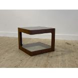 A mid century style walnut veneered two tier end table, each tier inset with plate glass H42cm, 50cm