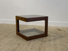 A mid century style walnut veneered two tier end table, each tier inset with plate glass H42cm, 50cm