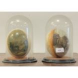 A pair of Victorian touristware ostrich eggs, one painted with landscape, the other with lion,