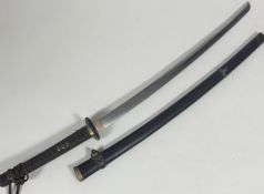 A Japanese samurai sword, bound handle, metal filling and tsuba, plain steel blade (66cm), leather