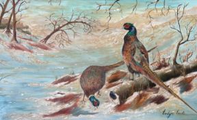 Evelyn Boote, Pheasant on a icy riverbank oil on board (signed bottom right) in a gilt composition