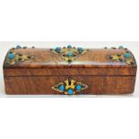 A Victorian burr walnut veneered dome top jewellery box, with gilt brass and turquoise coloured