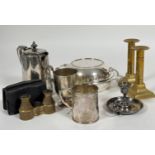 A group of Epns ware to include, a hot water pot, two christening mugs, a chamber candle stick, a