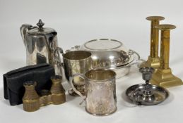 A group of Epns ware to include, a hot water pot, two christening mugs, a chamber candle stick, a