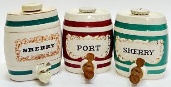 A group of three miniature barrel dispensers for Port and Sherry, two Beswick and one Wade (all