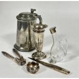 A pewter lidded tankard, a/f , pair of nut cracks, Epns paper knife, missing handle, a miniature