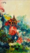 BuKyaw Moe Thar. Burmese School, Eastern Temple in Landscape with Village to Foot, signed top