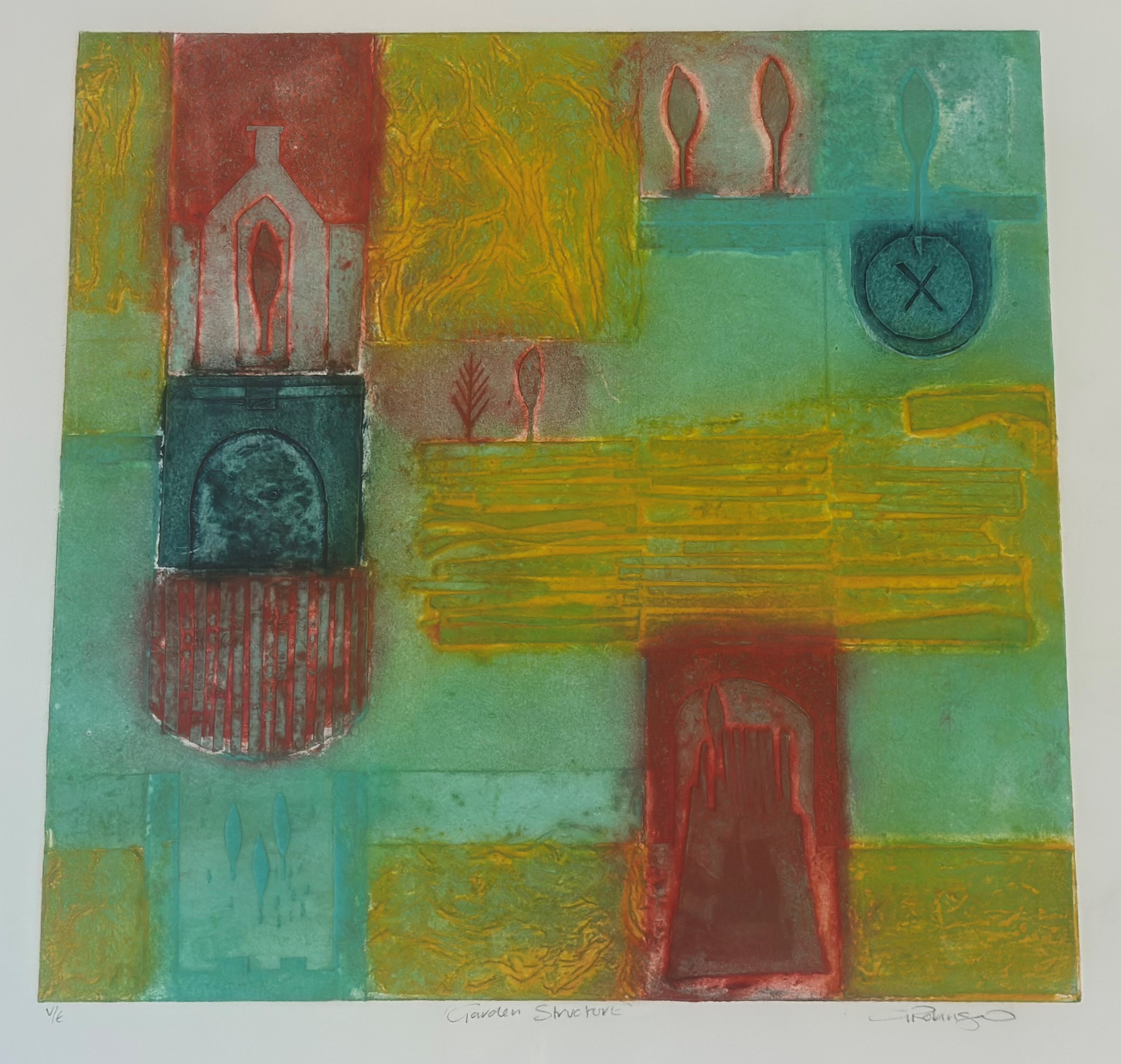 Gayle Robinson (Scottish), Garden Structure v/e on handmade paper, in a line finished box glazed - Image 2 of 3