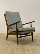 Scandart, A mid century teak open armchair, with upholstered squab cushions, raised on turned and