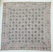 A 1920's running stitch sewn work panel with all over lattice central design with stylized leaves