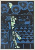 Ian MacIntyre, Moonlight, Pittenweem, linocut 3/8 in lined mounted glazed frame (signed pencil