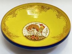 A large Mintons pottery fruit bowl with Art Nouveau decoration depicting a cockerel in a central