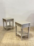 Oka, a pair of contemporary Gustavian style grey painted bedside tables, each fitted with a drawer