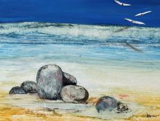 Scottish school beach scene signed indistinctly bottom right, acrylic on paper in a white painted