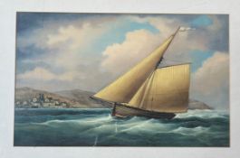 Unknown artist print of a sailboat of the coast in a walnut glazed frame (29cmx47)