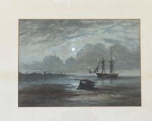 Signed indistinctly, harbour night scene, watercolour signed and dated bottom left in a gilt mounted