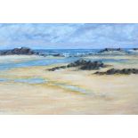 Barbara Crombie, East Lothian Seascape, oil on board in a green and gilt glazed frame (signed and