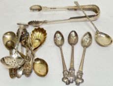 A mixed group of silver and silver plate comprising a Glasgow hallmarked set of sugar tongs (1838