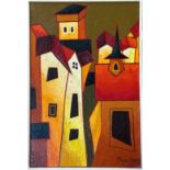 Mzyan?, a abstract town scape oil on canvas (signed bottom right and dated 2005) in painted frame (