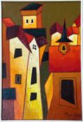 Mzyan?, a abstract town scape oil on canvas (signed bottom right and dated 2005) in painted frame (