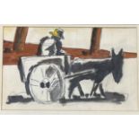 Unknown artist, donkey and cart scene, pencil and ink on paper, in a gilt glazed frame. (13cmx20cm)