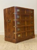 A reproduction metal bound yew wood campaign style secretaire chest,