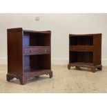 A pair of mahogany bedside tables in the Georgian taste, three quarter galleried top over open shelf