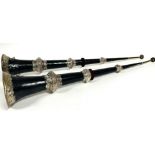 A pair of Indian late 19th - 20thc ebonized brass plated mounted telescopic trumpets, ( extended L