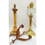 A mixed group of lighting comprising an alabaster Corinthian column lamp with brass/alloy