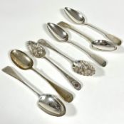 A pair of George III London silver chased Old English pattern serving spoons, two Victorian London