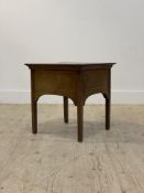An early 20th century inlaid mahogany sewing table, the hinged top opening to a fitted interior
